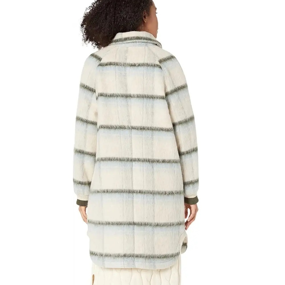 AVEC LES FILLES Brushed Oversize Longline Varsity Coat Cream Olive Plaid Size M - Picture 8 of 9